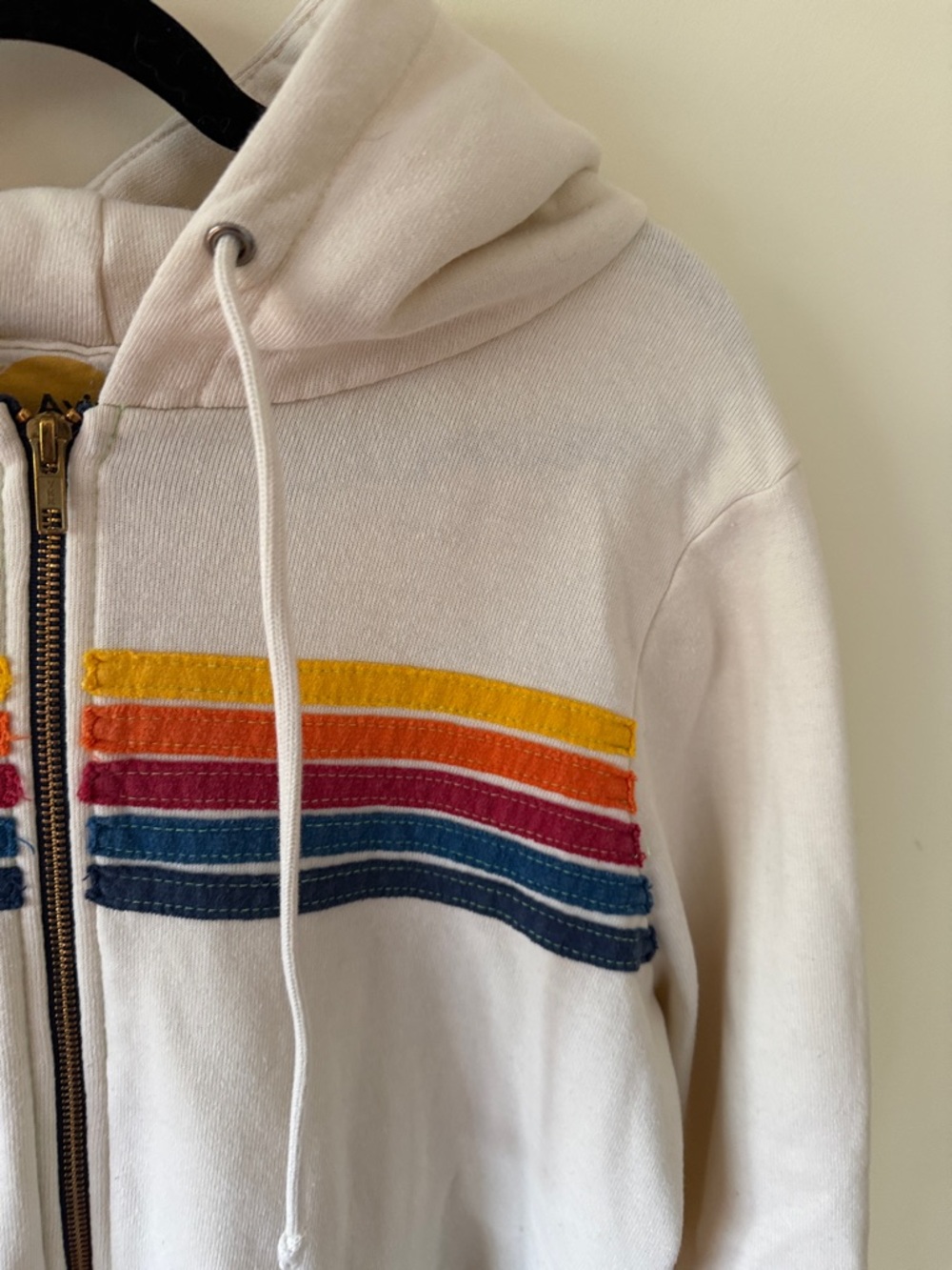 Aviator Nation Cream Zip Hoodie with Yellow, Orange, Red, Pink & Blue Stripes - Picture 3 of 8